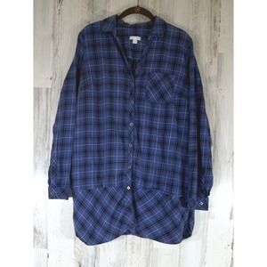 J Jill Button Down Tunic Top Size Medium Tall Blue Plaid Flannel 100% Cotton